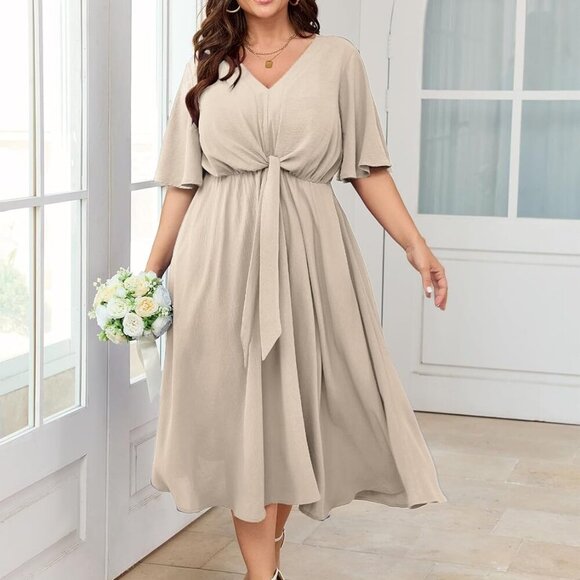 Women Plus Size Midi Dresses Wedding Guest Short Sleeve V Neck Tie Waist Casual - Picture 3 of 6